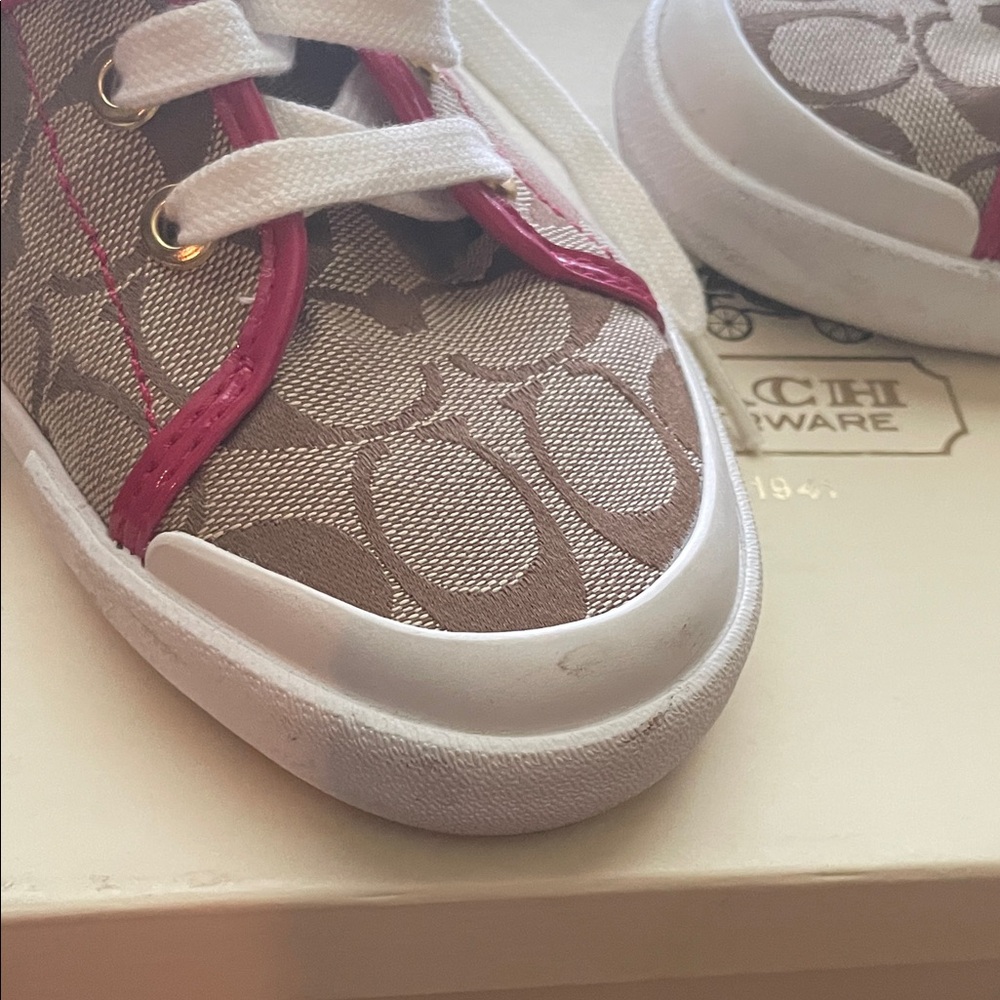 Coach Beige Signature Canvas Sneakers with Pink Patent Trim - Picture 6 of 7